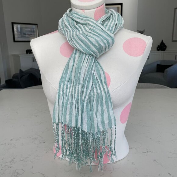 Lightweight Striped Scarf w Rustic Fringed Ends Soft Pastel Green + White OS - Picture 9 of 9